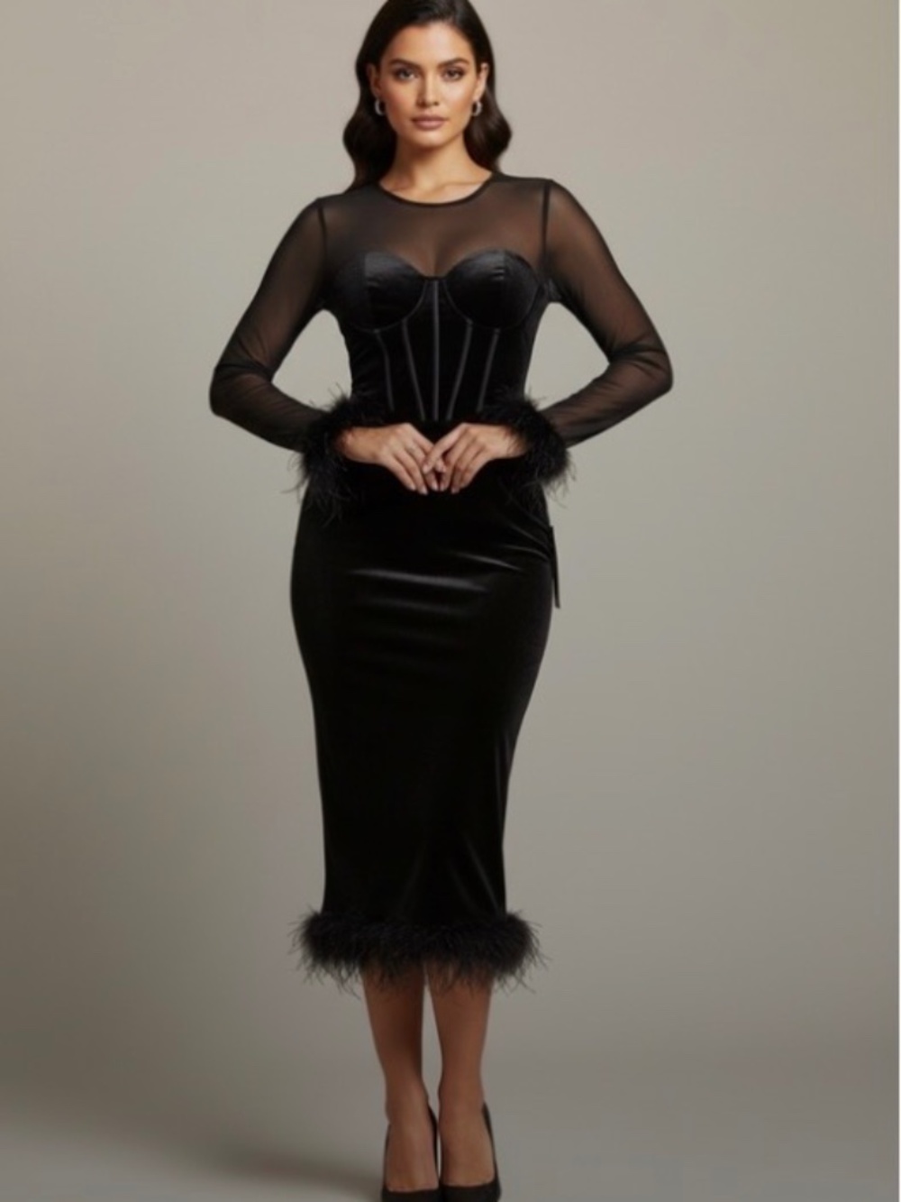 NWT Lulus sensational situationBlack velvet/feather  midi dress  Lg